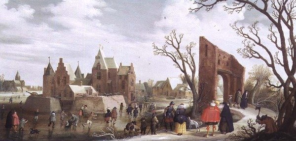 Luistelijat talvimaisemassa tekijältä Joost Cornelisz. Droochsloot
