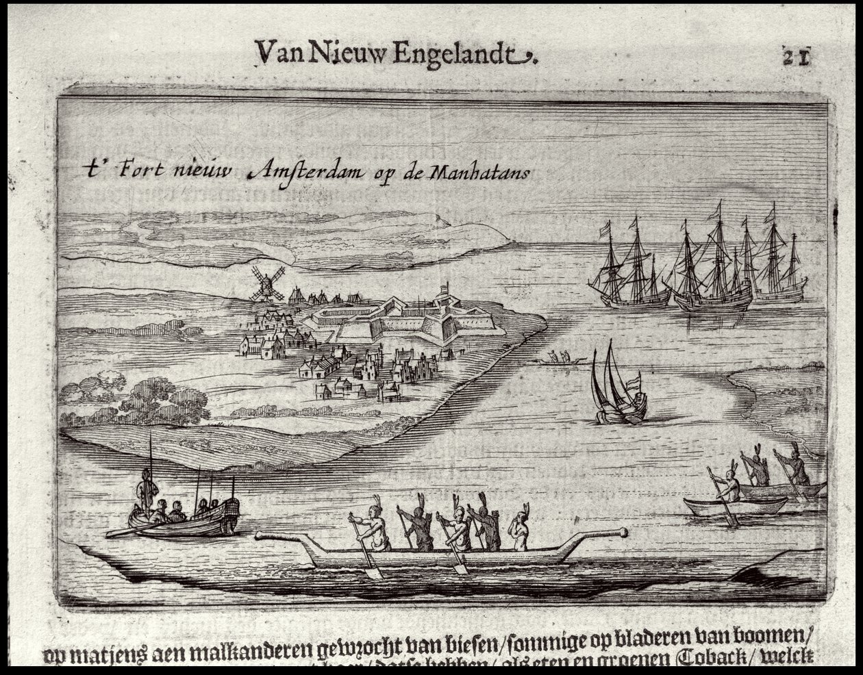 Näkymä New Amsterdamiin, 1626-28 (kuparikaiverrus) tekijältä Joost Hartgers