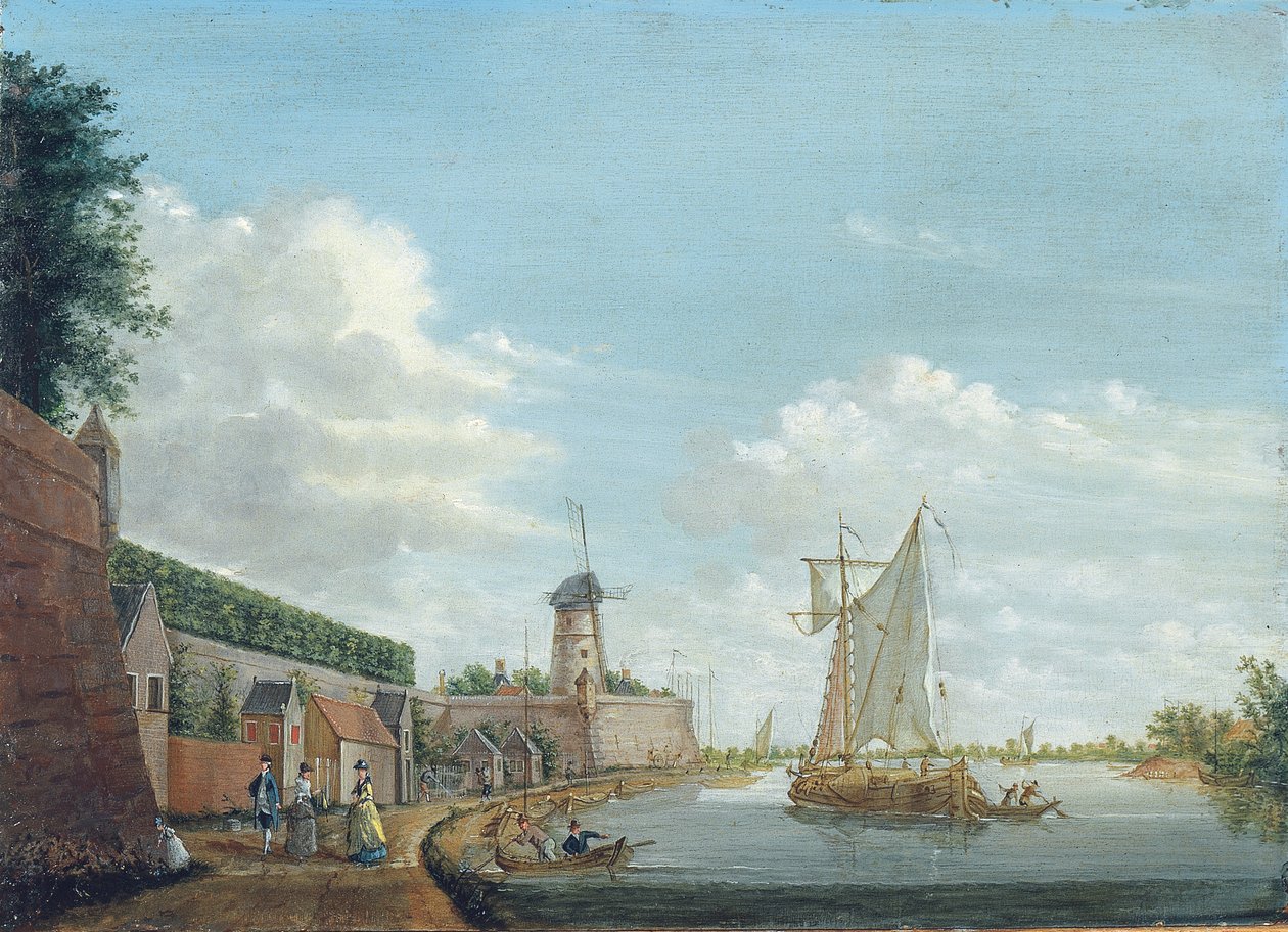 Jokimaisema, jossa elegantteja kaupunkilaisia kävelee kaupunginmuurilla, n. 1776 tekijältä Jordanus Hoorn