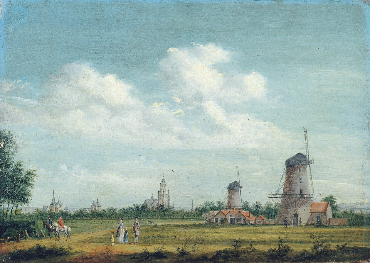Näkymä Arnhemiin, St. Walburgiskerk vasemmalla ja Grote Kerk oikealla, elegantit kaupunkilaiset kävelykadulla lähellä, 1776 tekijältä Jordanus Hoorn