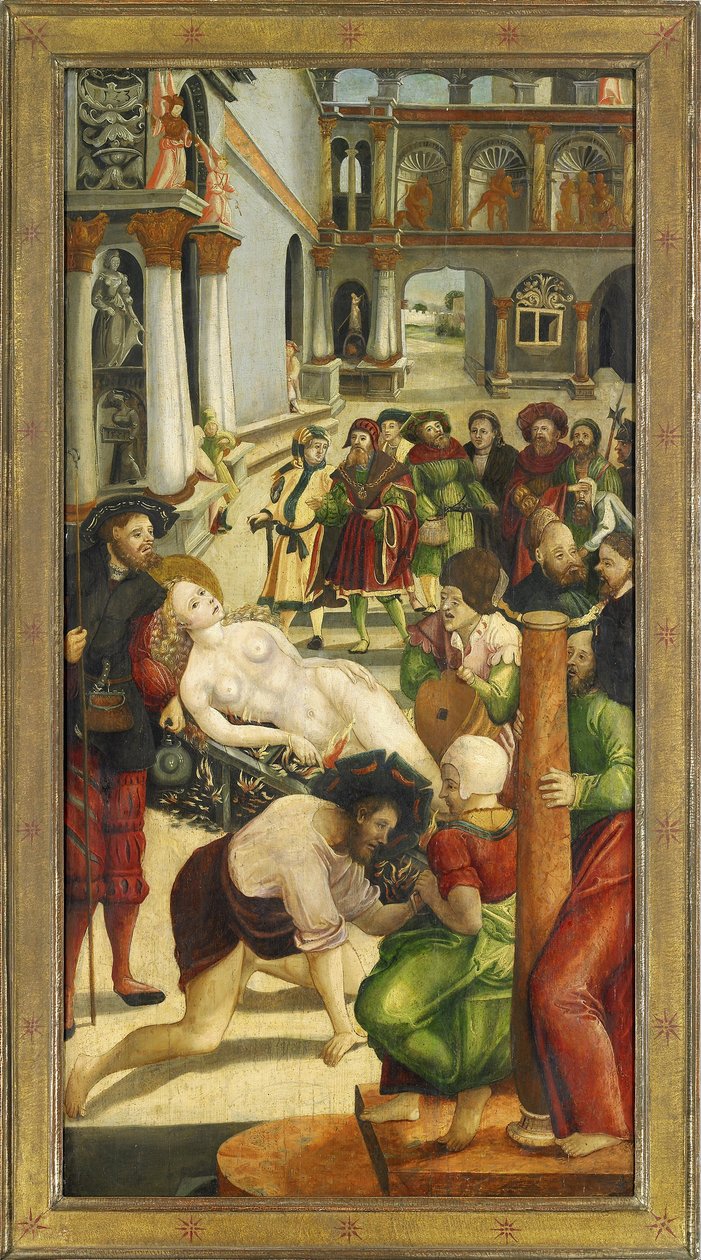Sainte Agathe sur le bucher - Palava. Siipi Pyhän Agathan alttarilta - Greimold, Joerg (Jorg) (n. 1500-1540 jälkeen) - 1523 - Öljy puulle - 109x57 - Stadtmuseum Weilheim tekijältä Jörg Greimold