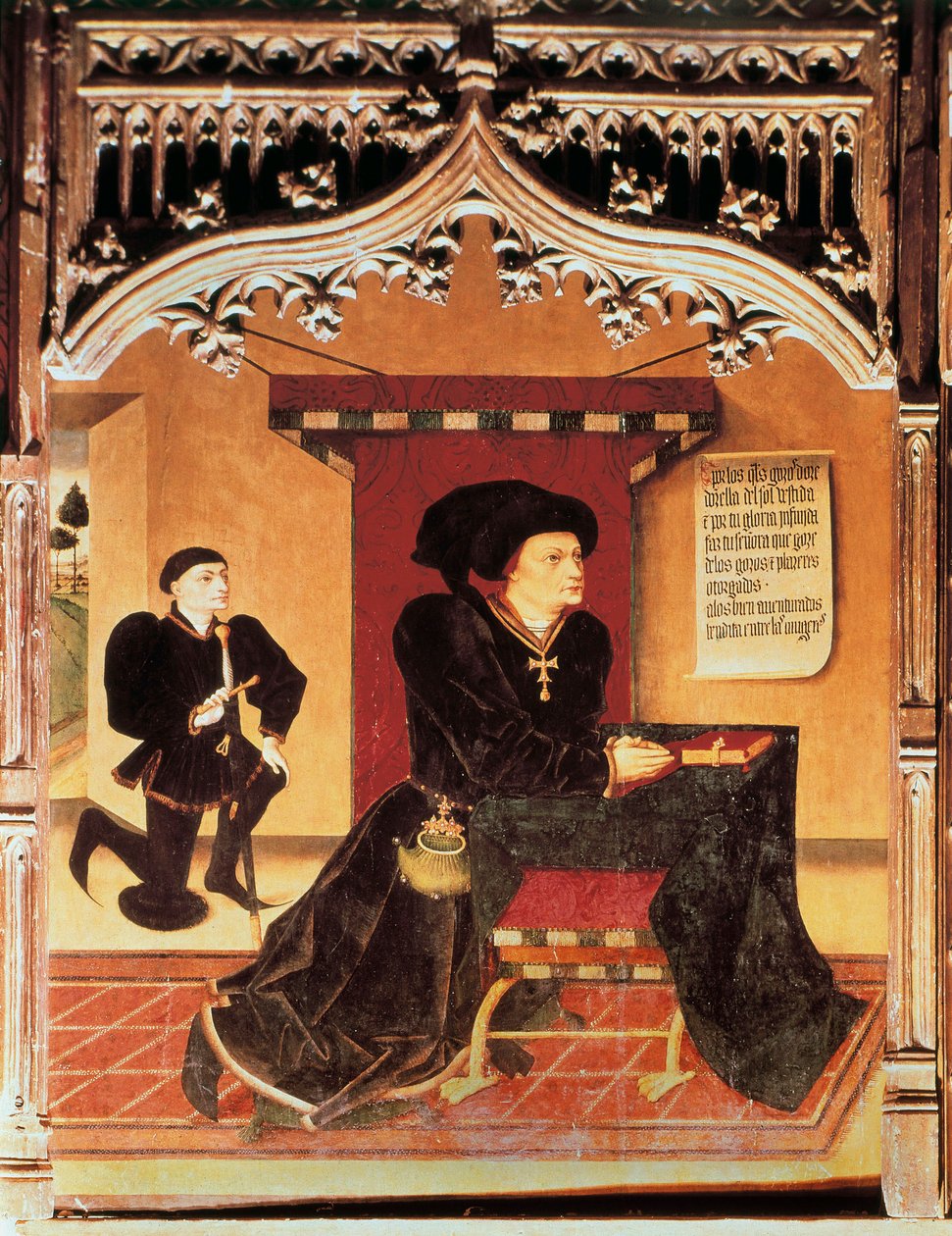 Inigo Lopez de Mendozan, SANTILLANAN markiisin (1398-1458), espanjalaisen lyyrisen runoilijan muotokuva. Espanjan herttuoiden kokoelma. Jorge INGLESin maalaus (1400-luku) tekijältä Jorge Ingles