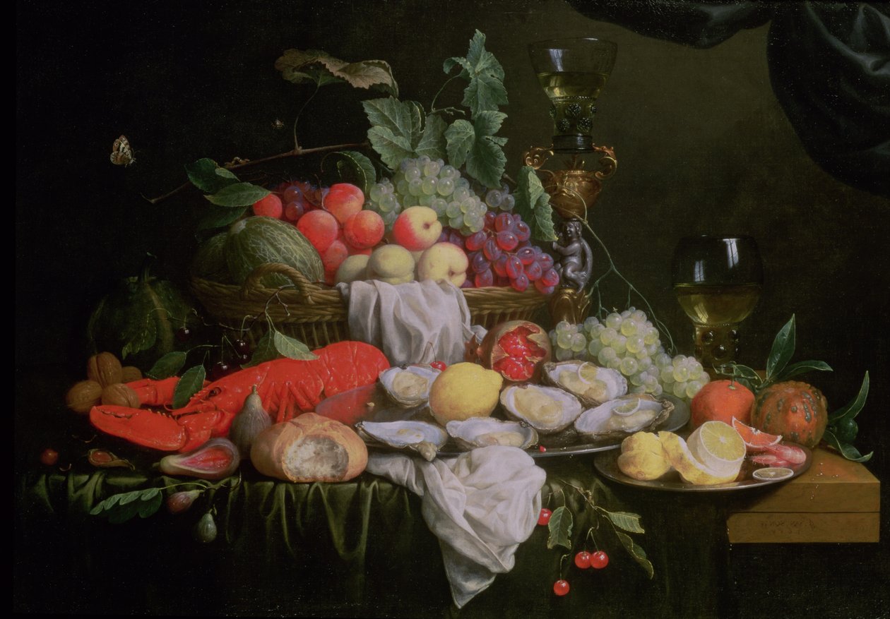 Asetelma sitruunalla, ostereilla, hummerilla ja hedelmillä, 1658 tekijältä Joris van Son