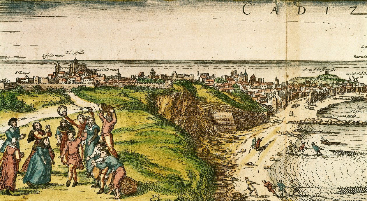Cadiz, Espanja, etsaus Joris Hoefnagelin piirustuksen mukaan tekijältä Joris (after) Hoefnagel
