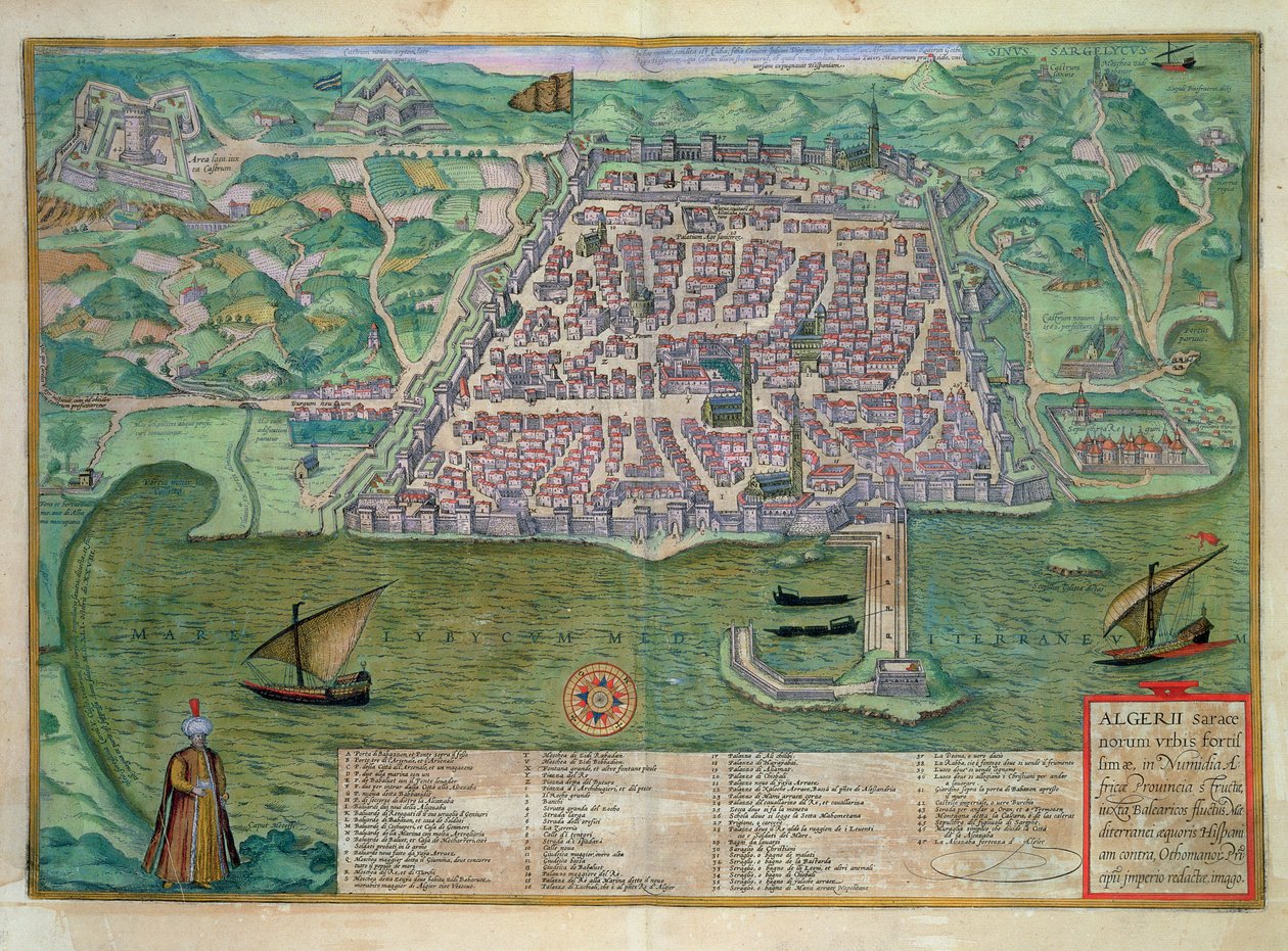 Algerin kartta, Georg Braunin (1541-1622) ja Frans Hogenbergin (1535-90) Civitates Orbis Terrarum -teoksesta, n. 1572 (värinen kaiverrus) tekijältä Joris (after) Hoefnagel