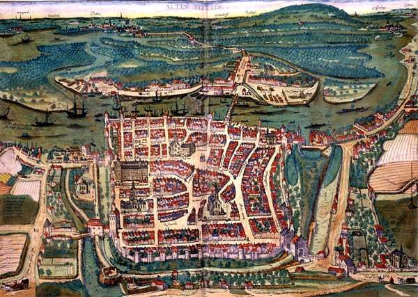 Altenstadtin kartta, Georg Braunin (1541-1622) ja Frans Hogenbergin (1535-90) n. 1572-1617 Civitates Orbis Terrarum -teoksesta (värillinen kaiverrus) tekijältä Joris (after) Hoefnagel