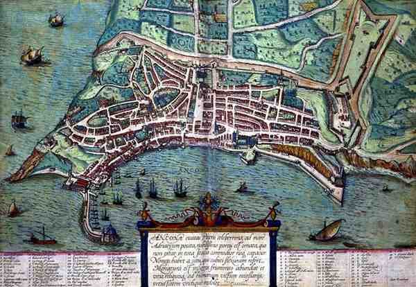Anconan kartta, Georg Braunin (1541-1622) ja Frans Hogenburgin (1535-90) Civitates Orbis Terrarum -teoksesta, n. 1572 (värinen kaiverrus) tekijältä Joris (after) Hoefnagel
