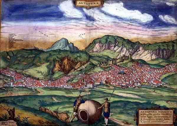 Antiqueran kartta Georg Braunin (1541-1622) ja Frans Hogenbergin (1535-90) teoksesta "Civitates Orbis Terrarum", noin 1572 (värillinen kaiverrus). tekijältä Joris (after) Hoefnagel