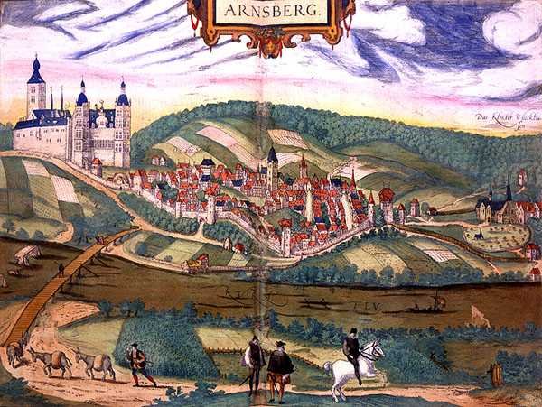 Arnsbergin kartta, Georg Braunin (1541-1622) ja Frans Hogenbergin (1535-90) n. 1572-1617 Civitates Orbis Terrarum -lomake (värillinen kaiverrus) tekijältä Joris (after) Hoefnagel