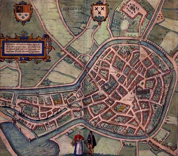 Bergen op Zoomin kartta, Georg Braunin (1541-1622) ja Frans Hogenbergin (1535-90) c.1572-1617 Civitates Orbis Terrarum -teoksesta (värillinen kaiverrus) tekijältä Joris (after) Hoefnagel