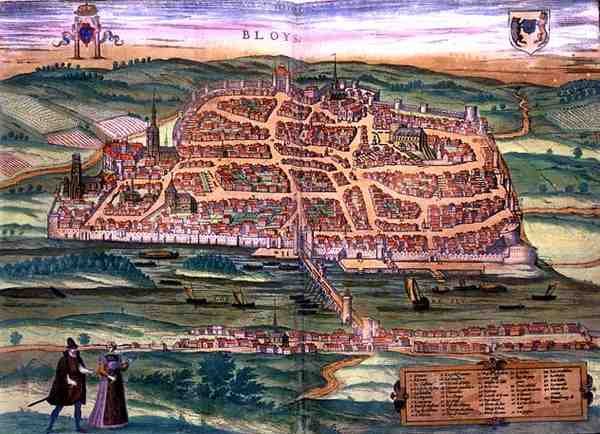 Bloisin kartta, Georg Braunin (1541-1622) ja Frans Hogenbergin (1535-90) Civitates Orbis Terrarum -teoksesta, n. 1572 (värikaiverrus) tekijältä Joris (after) Hoefnagel