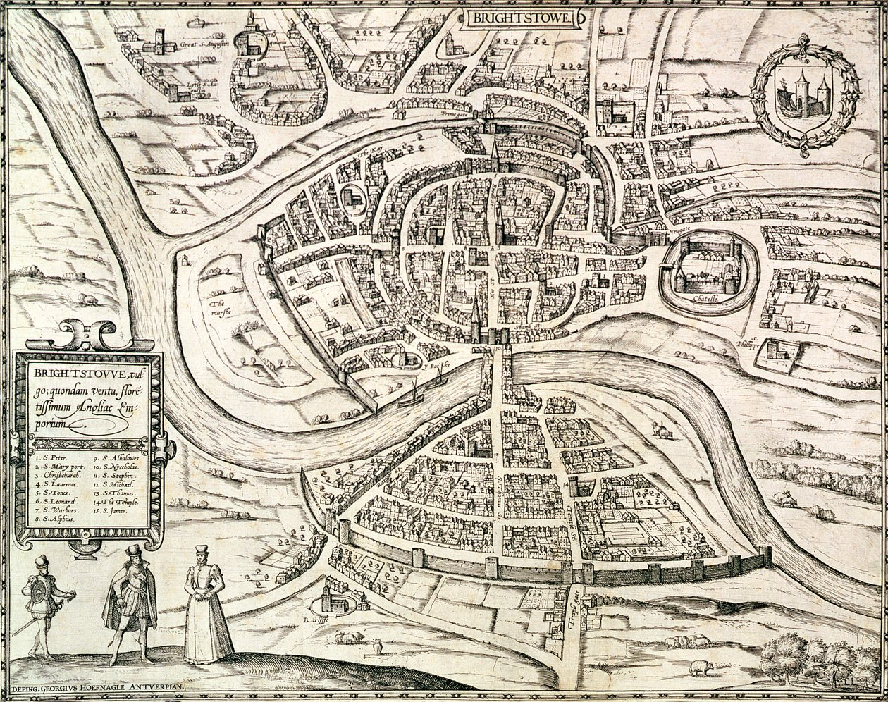 Bristolin kartta, Georg Braunin (1541-1622) ja Frans Hogenbergin (1535-90) Civitates Orbis Terrarum -teoksesta 1581 (kaiverrus) tekijältä Joris (after) Hoefnagel