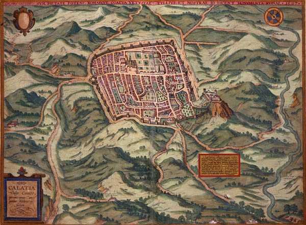 Caiazzon kartta Georg Braunin (1541-1622) ja Frans Hogenbergin (1535-90) teoksesta "Civitates Orbis Terrarum" vuodelta 1597 (värillinen kaiverrus). tekijältä Joris (after) Hoefnagel