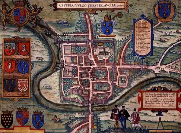 Chesterin kartta, Georg Braunin (1541-1622) ja Frans Hogenbergin (1535-90) Civitates Orbis Terrarum -teoksesta n. 1572-1617 (värillinen kaiverrus) tekijältä Joris (after) Hoefnagel