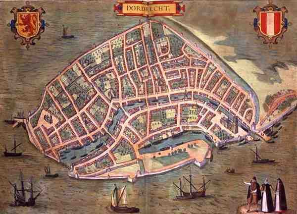 Dordrechtin kartta, Georg Braunin (1541-1622) ja Frans Hogenburgin (1535-90) Civitates Orbis Terrarum -teoksesta, n. 1572 (värinen kaiverrus) tekijältä Joris (after) Hoefnagel