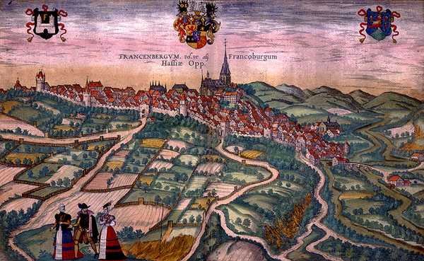 Frankenburgin kartta Georg Braunin (1541-1622) ja Frans Hogenbergin (1535-90) teoksesta "Civitates Orbis Terrarum", n. 1572-1617 (värillinen kaiverrus). tekijältä Joris (after) Hoefnagel