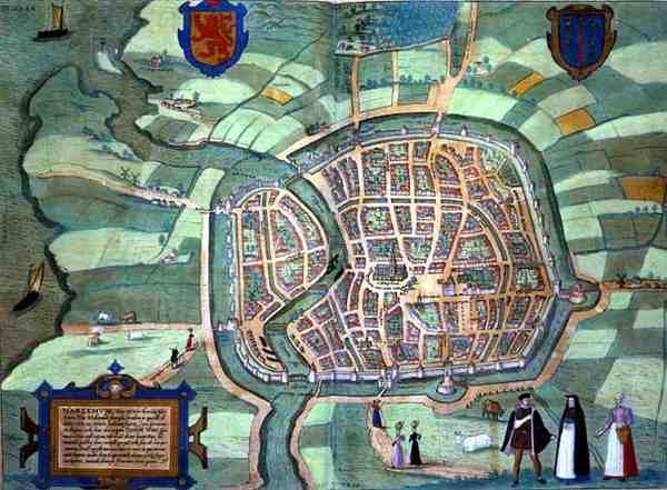 Haarlemin kartta, Georg Braunin (1541-1622) ja Frans Hogenburgin (1535-90) Civitates Orbis Terrarum -teoksesta, n. 1572 (värinen kaiverrus) tekijältä Joris (after) Hoefnagel
