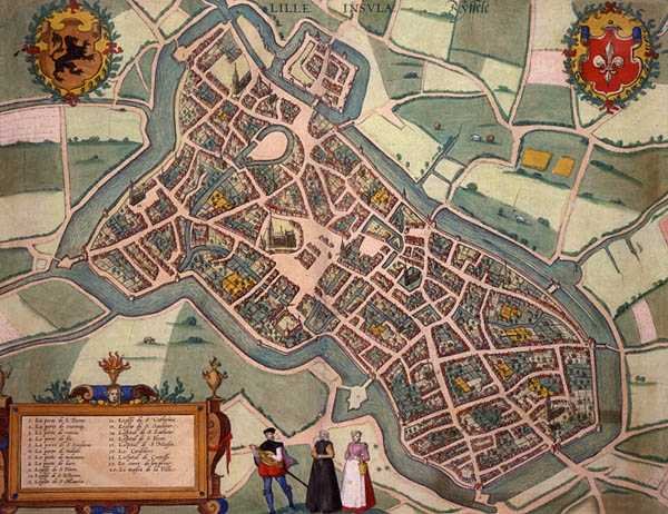 Lillen kartta, Georg Braunin (1541-1622) ja Frans Hogenbergin (1535-90) n. 1572-1617 Civitates Orbis Terrarum -teoksesta (värillinen kaiverrus) tekijältä Joris (after) Hoefnagel