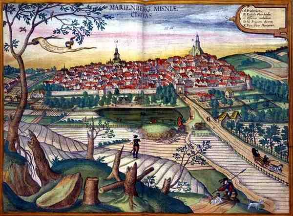 Marienburgin kartta Georg Braunin (1541-1622) ja Frans Hogenbergin (1535-90) teoksesta "Civitates Orbis Terrarum", noin 1572 (värikaiverrus). tekijältä Joris (after) Hoefnagel