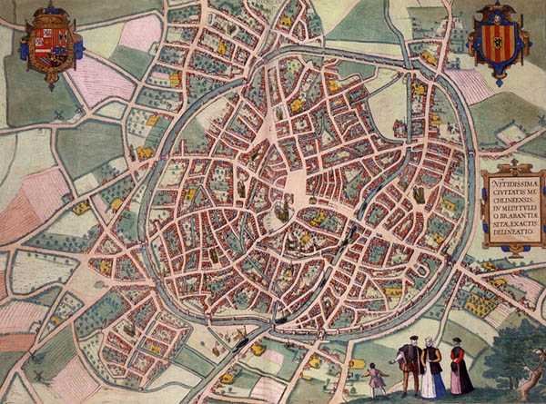 Mechelenin kartta, Georg Braunin (1541-1622) ja Frans Hogenbergin (1535-90) n. 1572-1617 Civitates Orbis Terrarum -teoksesta (värillinen kaiverrus) tekijältä Joris (after) Hoefnagel