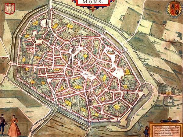 Monsin kartta, Georg Braunin (1541-1622) ja Frans Hogenbergin (1535-90) Civitates Orbis Terrarum -teoksesta n. 1572-1617 (värinen kaiverrus) tekijältä Joris (after) Hoefnagel