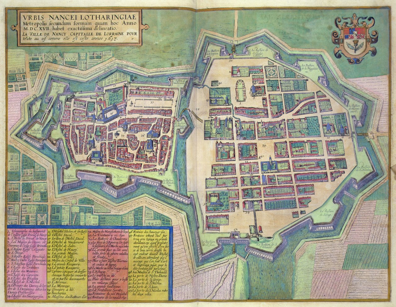 Nancyn kartta Georg Braunin (1541-1622) ja Frans Hogenbergin (1535-90) teoksesta "Civitates Orbis Terrarum", n. 1572-1617 (värillinen kaiverrus). tekijältä Joris (after) Hoefnagel