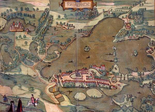 Plonin kartta, Georg Braunin (1541-1622) ja Frans Hogenbergin (1535-90) Civitates Orbis Terrarum -teoksesta 1593 (värinen kaiverrus) tekijältä Joris (after) Hoefnagel