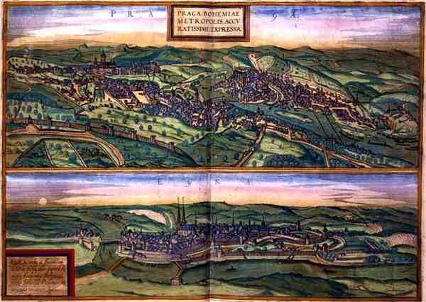 Prahan ja munan kartta, Georg Braunin (1541-1622) ja Frans Hogenbergin (1535-90) Civitates Orbis Terrarum -teoksesta, n. 1572 (värinen kaiverrus) tekijältä Joris (after) Hoefnagel