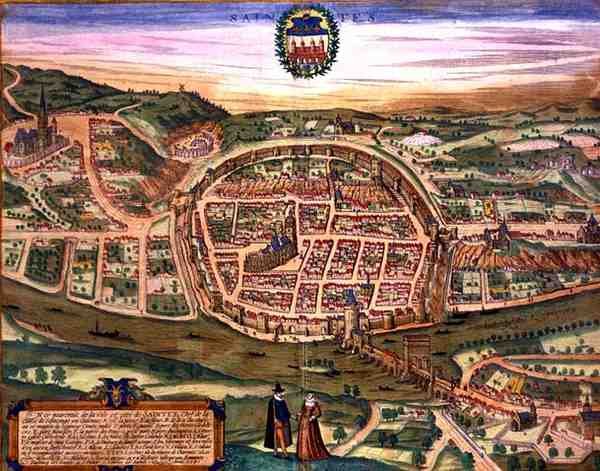 Saintesin kartta, Georg Braunin (1541-1622) ja Frans Hogenbergin (1535-90) Civitates Orbis Terrarumista tekijältä Joris (after) Hoefnagel
