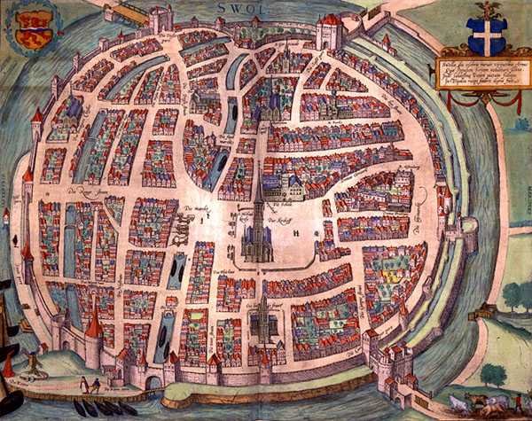 Solvaerin kartta, Georg Braunin (1541-1622) ja Frans Hogenbergin (1535-90) n. 1572-1617 Civitates Orbis Terrarum -teoksesta (värillinen kaiverrus) tekijältä Joris (after) Hoefnagel