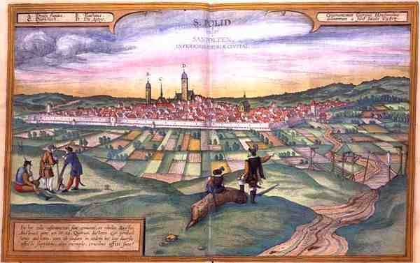St Poltenin kartta, Georg Braunin (1541-1622) ja Frans Hognebergin (1535-90) "Maailman kaupungit" -julkaisusta tekijältä Joris (after) Hoefnagel