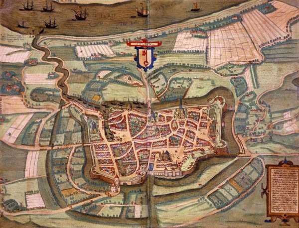 Staden kartta, Georg Braunin (1541-1622) ja Frans Hogenbergin (1535-90) Civitates Orbis Terrarumista n. 1572-1617 (värillinen kaiverrus) tekijältä Joris (after) Hoefnagel