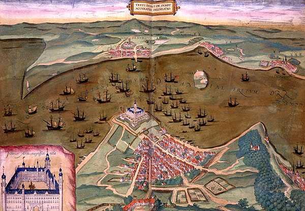 Sundin kartta, Georg Braunin (1541-1622) ja Frans Hogenbergin (1535-90) Civitates Orbis Terrarumista n. 1572-1617 (värillinen kaiverrus) tekijältä Joris (after) Hoefnagel