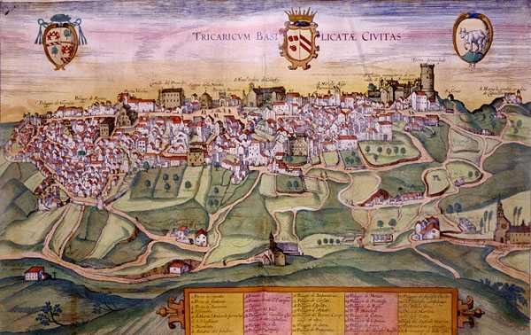 Tricaricon kartta Georg Braunin (1541-1622) ja Frans Hogenbergin (1535-90) "Maailman kaupungit" -teoksesta, n. 1572-1617 (värillinen kaiverrus). tekijältä Joris (after) Hoefnagel