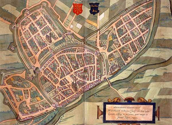 Weselin kartta, Georg Braunin (1541-1622) ja Frans Hogenbergin (1535-90) Civitates Orbis Terrarumista n. 1572-1617 (värillinen kaiverrus) tekijältä Joris (after) Hoefnagel
