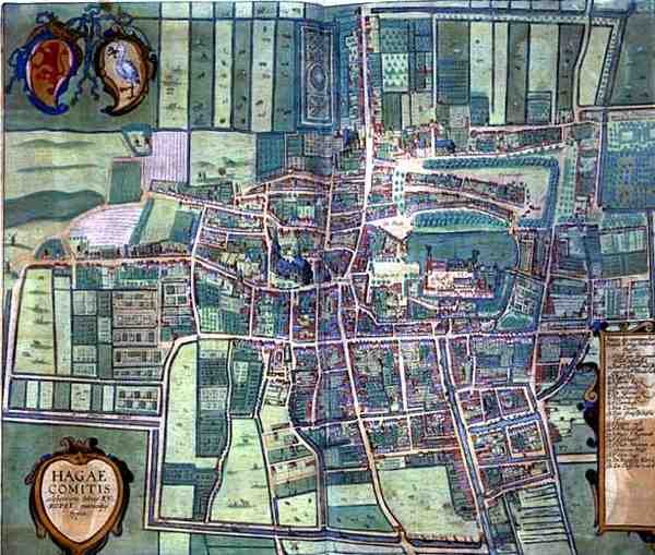 Haagin kartta Georg Braunin (1541-1622) ja Frans Hogenburgin (1535-90) teoksesta "Civitates Orbis Terrarum", noin 1572 (värillinen kaiverrus). tekijältä Joris (after) Hoefnagel