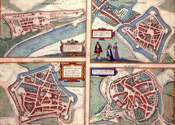 Charlemontin, Landrechiesin, Avesnesin ja Beaumontin kartat Georg Braunin (1541-1622) ja Frans Hogenbergin (1535-90) Civitates Orbis Terrarumista n. 1572-1617 (värinen kaiverrus) tekijältä Joris (after) Hoefnagel