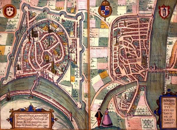 Grenoblen ja Romans-sur-Iseren kartat Georg Braunin (1541-1622) ja Frans Hogenbergin (1535-90) teoksesta "Civitates Orbis Terrarum", n. 1572-1617 (värillinen kaiverrus). tekijältä Joris (after) Hoefnagel