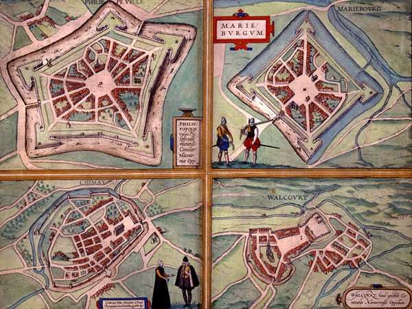 Philippevillen, Mariembourgin, Chimayn ja Walcourtin kartat Georg Braunin (1541-1622) ja Frans Hogenbergin (1535-90) Civitates Orbis Terrarumista n. 1572-1617 (värillinen kaiverrus) tekijältä Joris (after) Hoefnagel