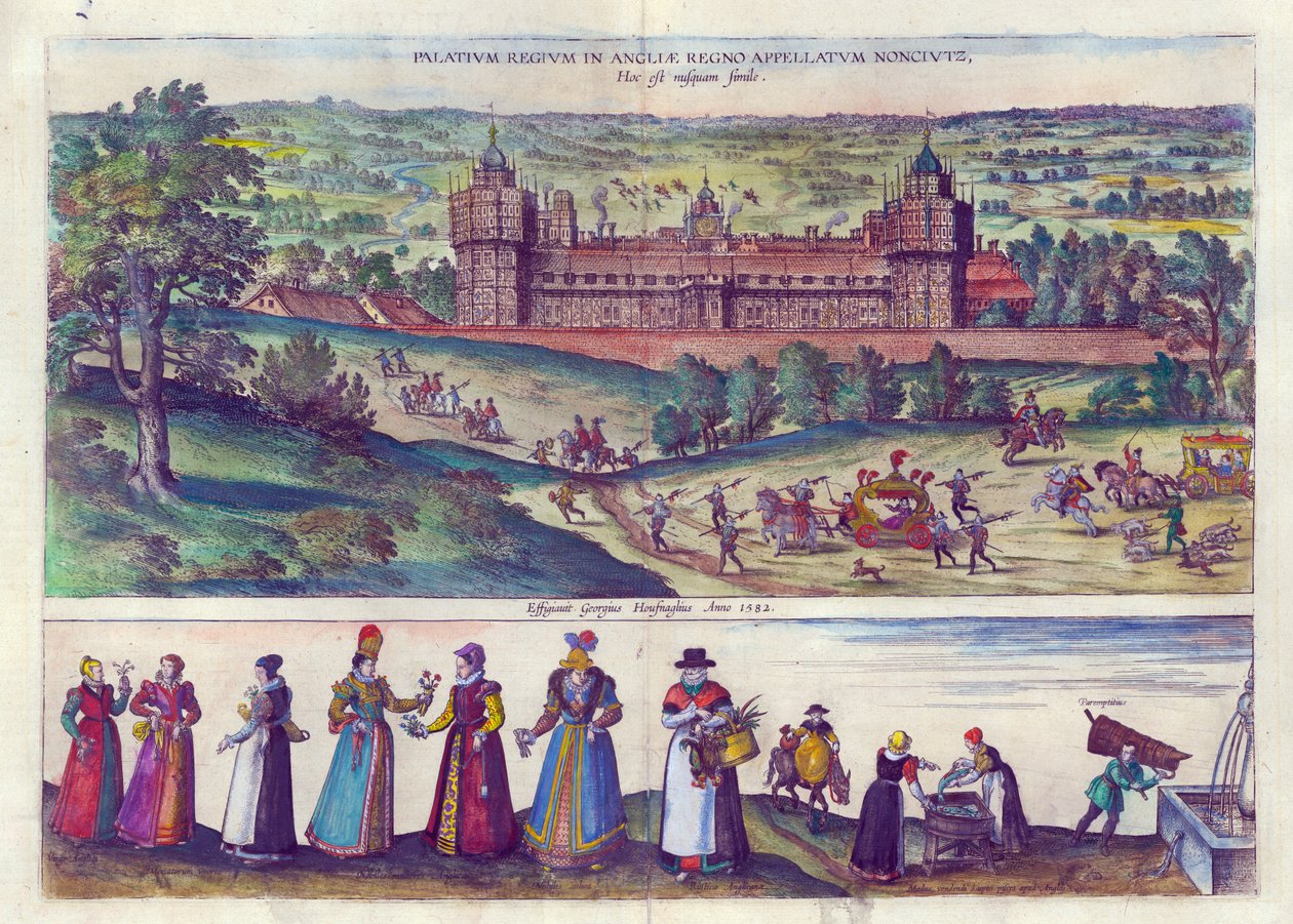 Kuningatar Elisabet I:n saapuminen Nonsuch-palatsiin ja Tudor-yhteiskunnan miehet ja naiset, 1598 (käsinvärinen kuparikaiverrus) tekijältä Joris Hoefnagel