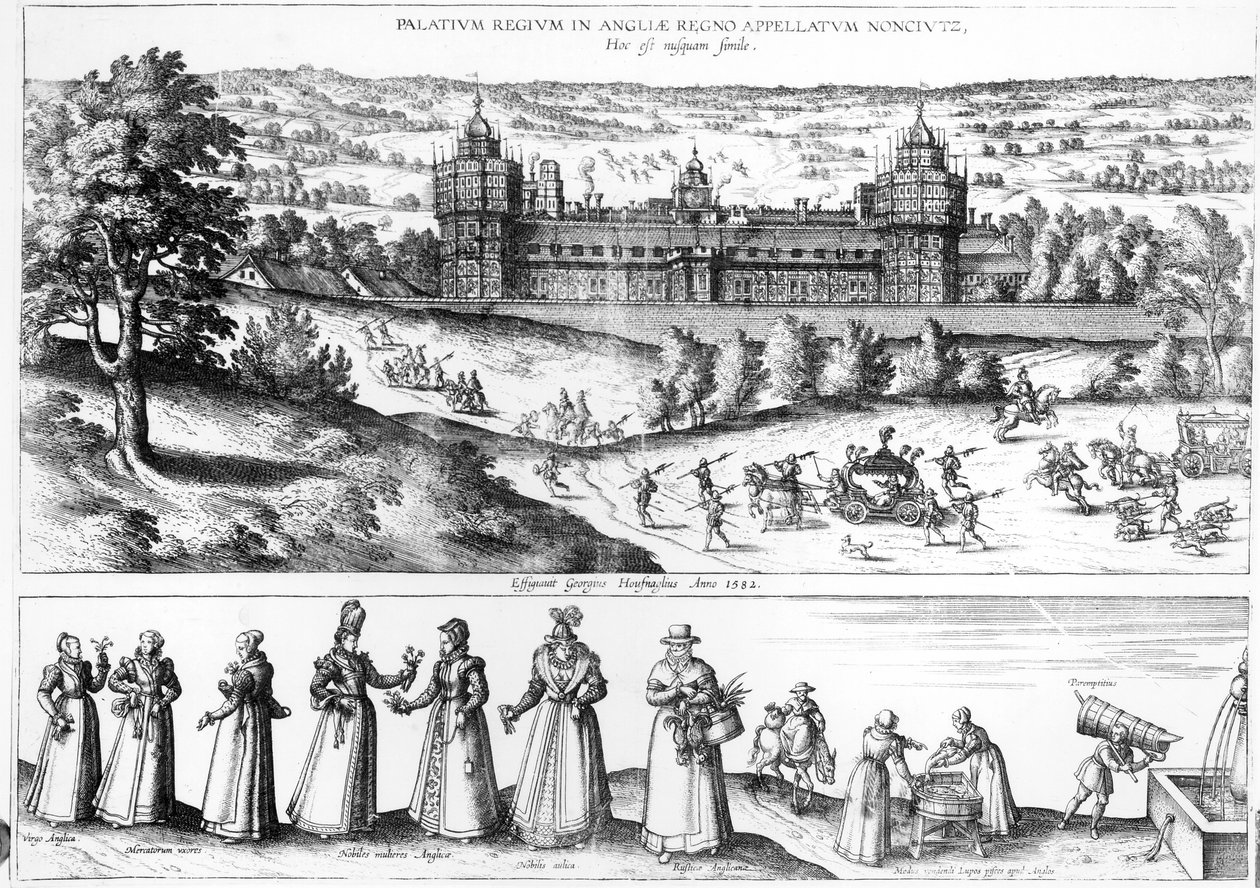 Kuningatar Elisabet I:n saapuminen Nonsuch-palatsiin sekä Tudor-yhteiskunnan miehet ja naiset, 1582 tekijältä Joris Hoefnagel