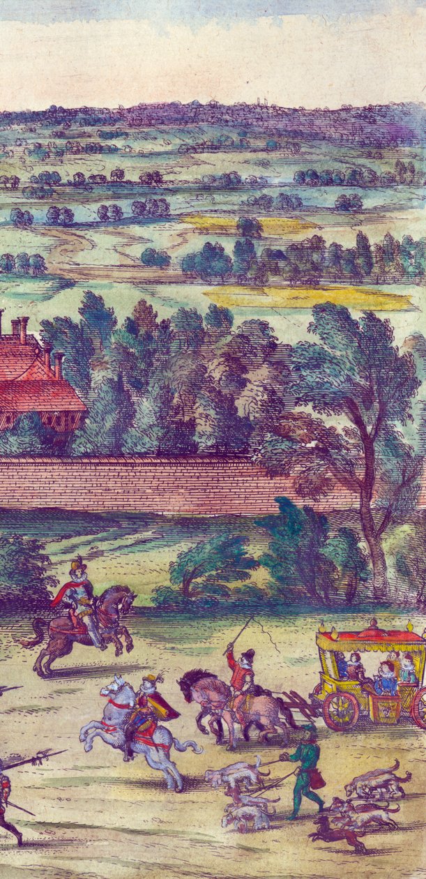 Hoviherrat ja metsästyskoirat mukana kuningatar Elisabet I:n saapuessa Nonsuch-palatsiin, 1598 käsinvärjätty kuparikaiverrus yksityiskohta numerosta 324184 tekijältä Joris Hoefnagel
