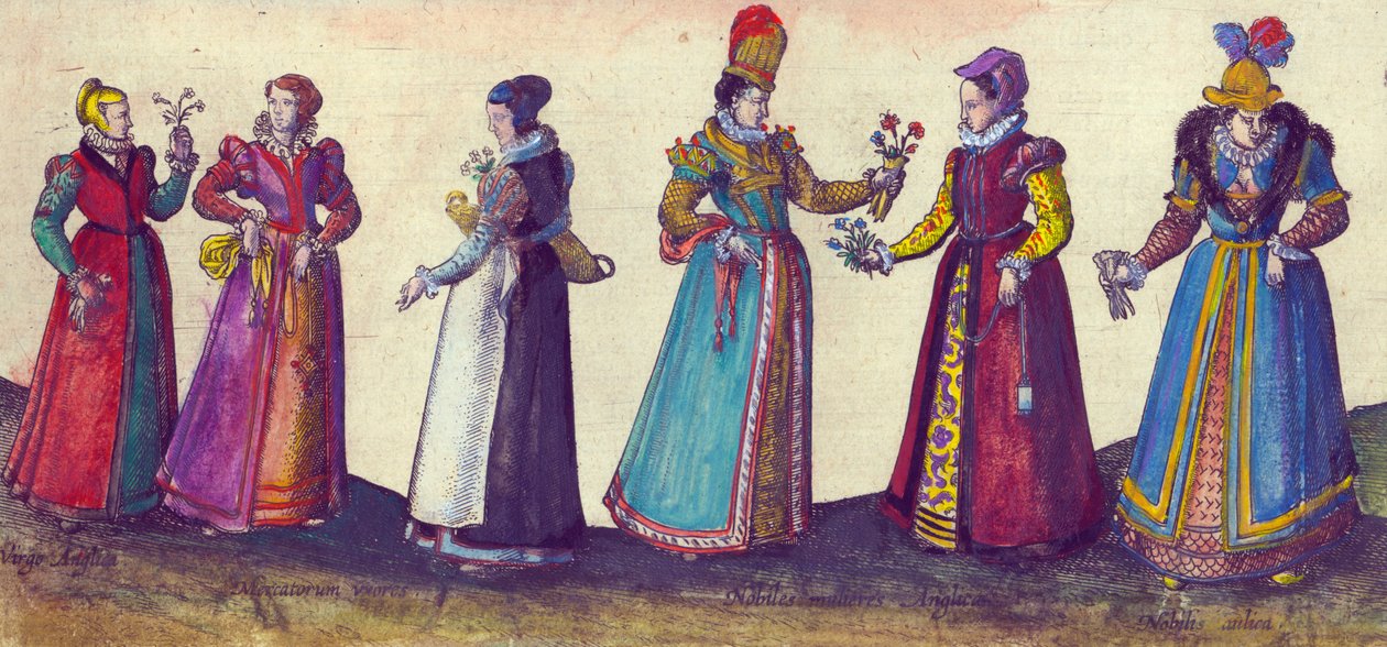 Elisabetin aikakauden englantilaiset naiset, 1598 (käsinvärinen kuparikaiverrus) tekijältä Joris Hoefnagel