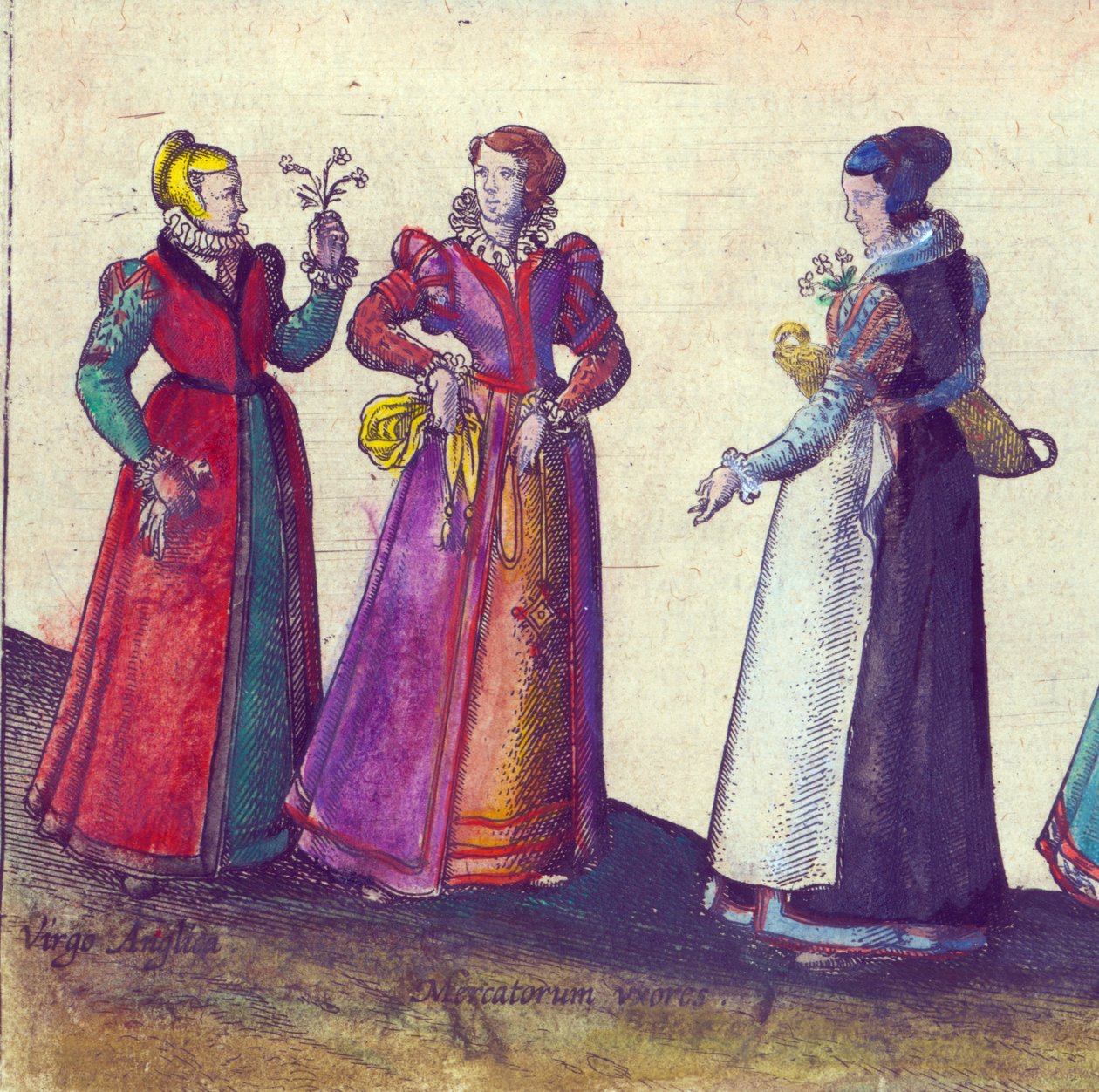 Elisabetin aikakauden englantilaiset naiset, 1598 (käsinvärinen kuparikaiverrus) tekijältä Joris Hoefnagel