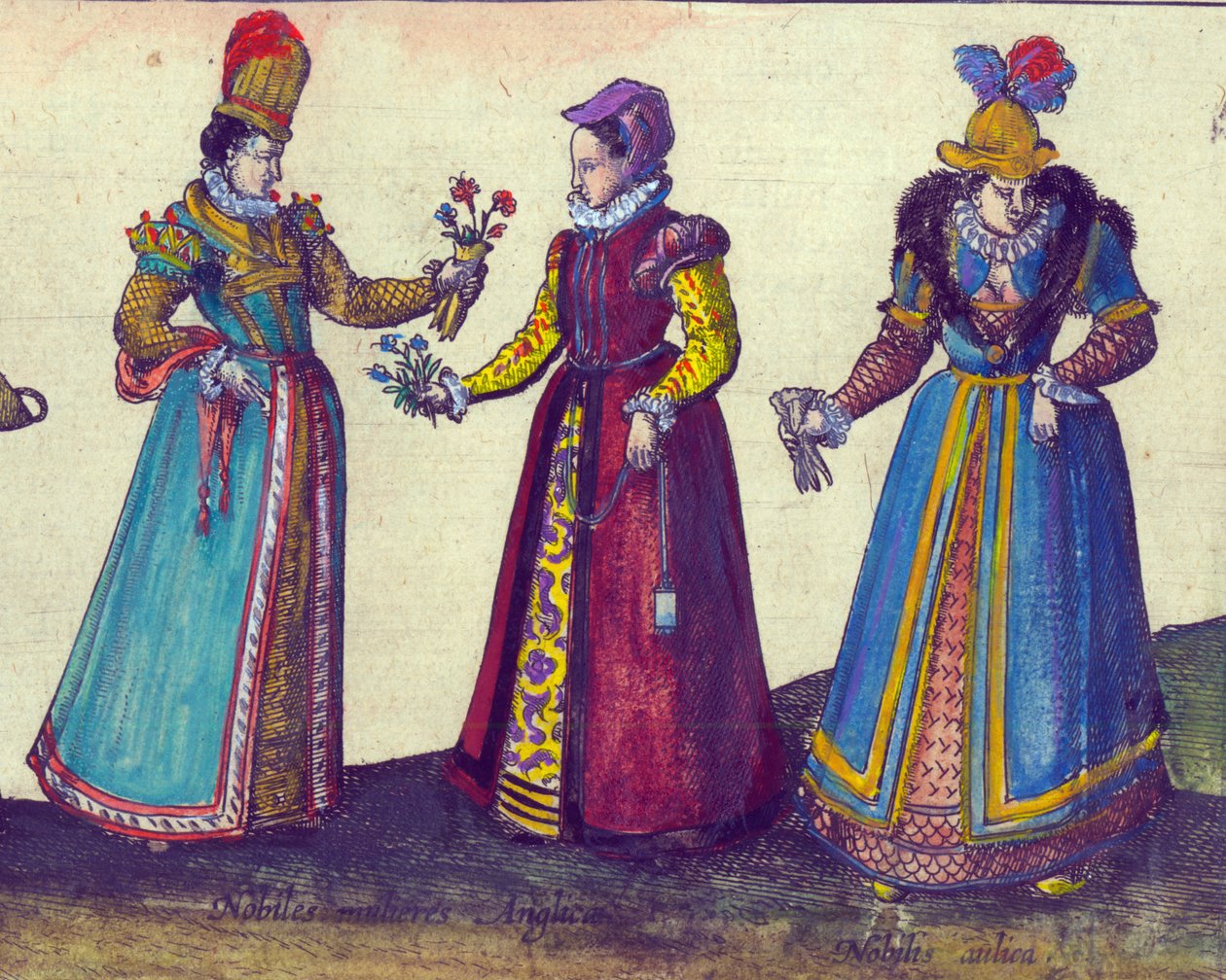 Elisabetin aikakauden englantilaiset naiset, 1598 käsinvärjätty kuparikaiverrus yksityiskohta numerosta 324184 tekijältä Joris Hoefnagel