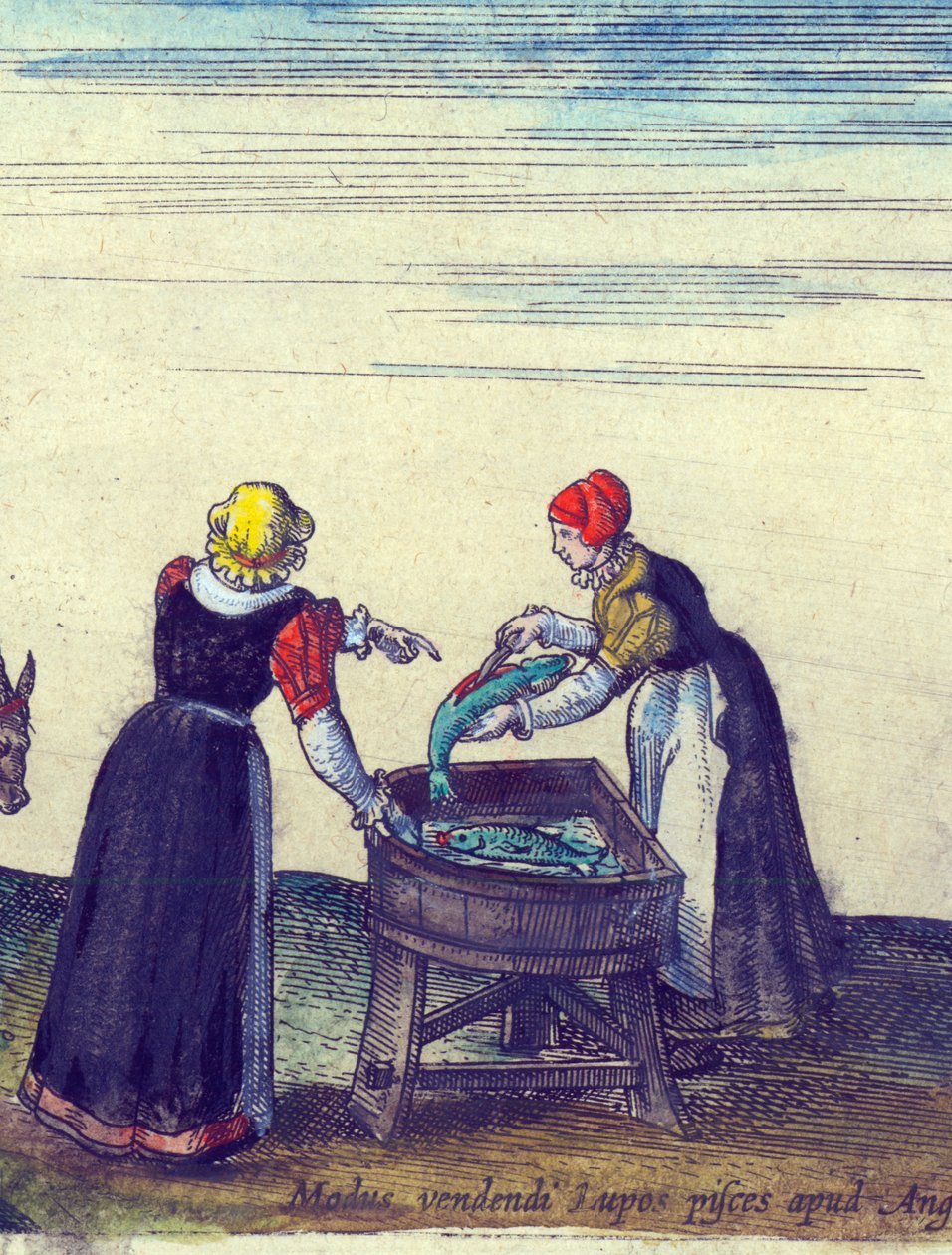 Fishwives myy ja perataan haukea, 1598 käsinvärjätty kuparikaiverrus yksityiskohta numerosta 324184 tekijältä Joris Hoefnagel