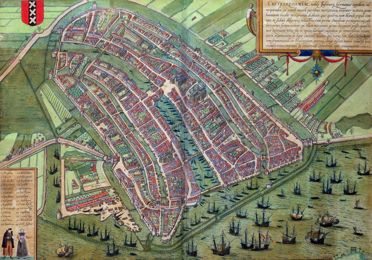 Amsterdamin kartta, Georg Braunin (1541-1622) ja Frans Hogenburgin (1535-90) "Maailman kaupungeista" n. 1572 tekijältä Joris Hoefnagel
