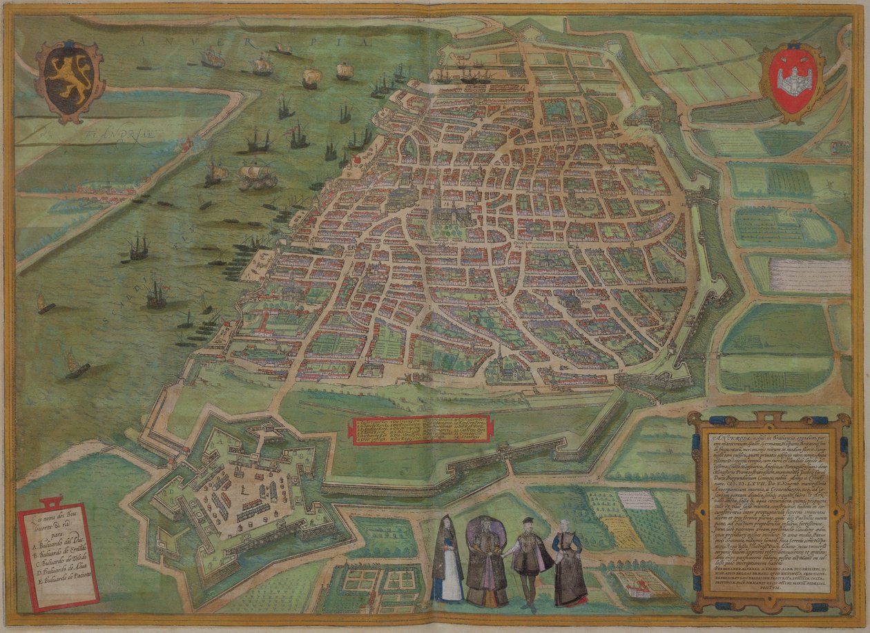 Antwerpenin kartta, Georg Braunin (1541-1622) ja Frans Hogenburgin (1535-90) "Maailman kaupungeista" n. 1572 tekijältä Joris Hoefnagel