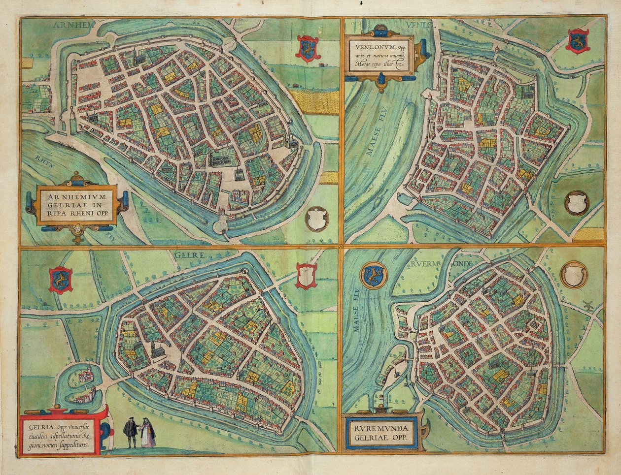Arnhemin, Velmon, Gelren ja Ruermin kartta Georg Braunin (1541-1622) ja Frans Hogenbergin (1535-90) Civitates Orbis Terrarumista n. 1572-1617 tekijältä Joris Hoefnagel