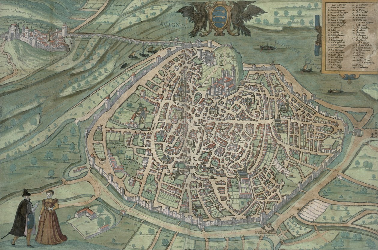 Avignonin kartta, Georg Braunin (1541-1622) ja Frans Hogenbergin Civitates Orbis Terrarumista, n. 1572 (värikaiverrus) tekijältä Joris Hoefnagel